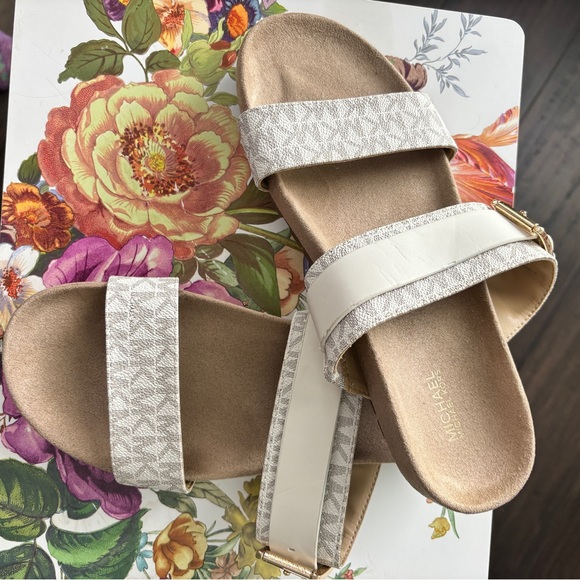 Michael Kors Tan and Cream Slide Sandals - Picture 1 of 2